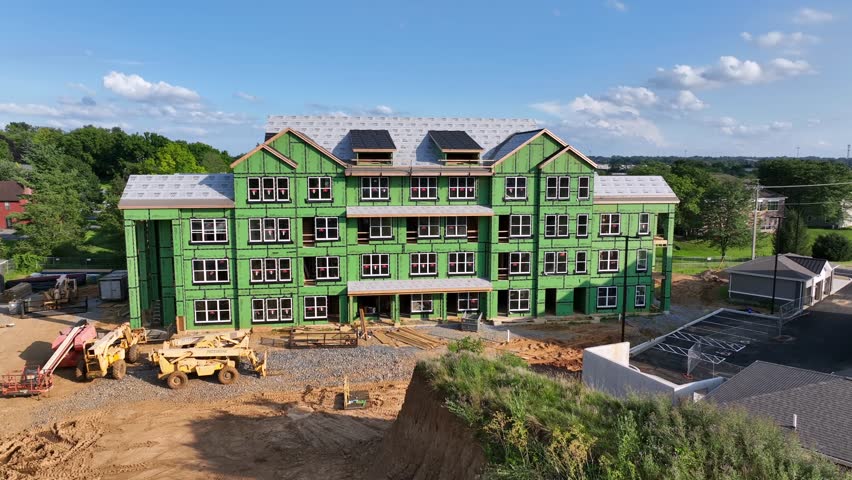 Construction site with apartment building during building phase. Aerial view. Sunny day in Subur area of American town.