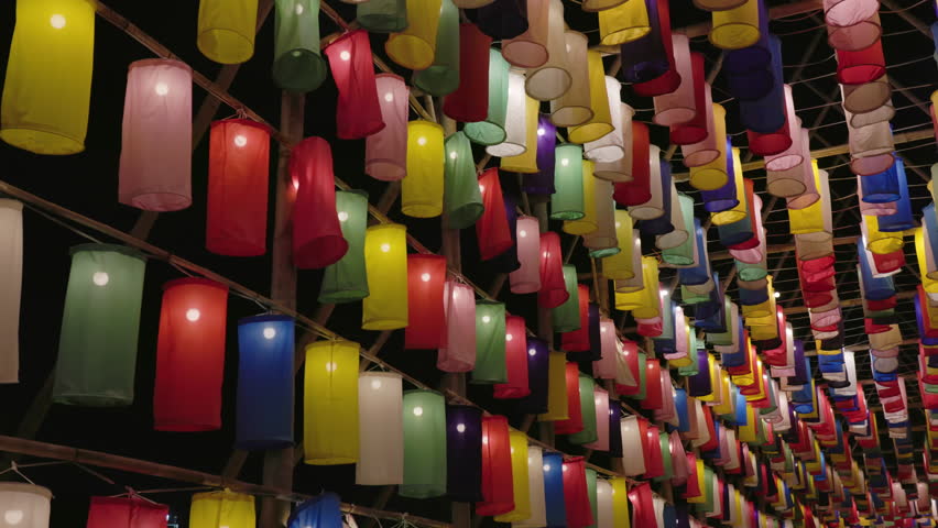 Paper lanterns in the Yee Peng Festival decorate around Chiang Mai downtown, Thailand.