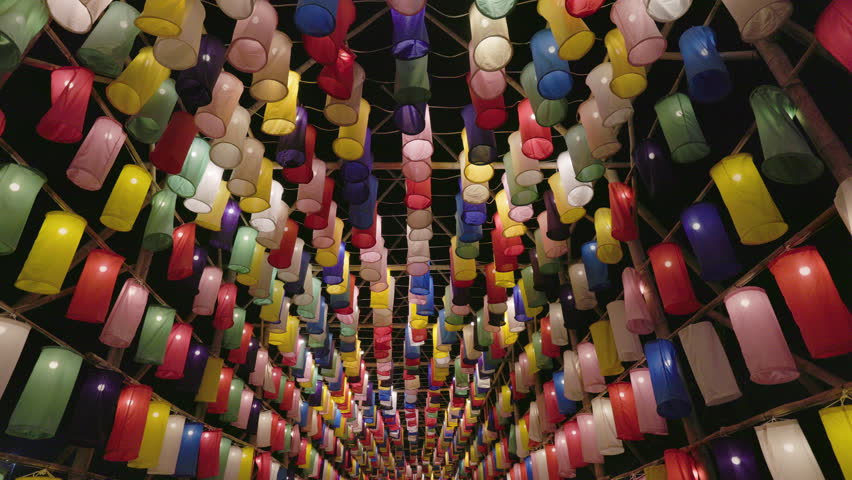 Paper lanterns in the Yee Peng Festival decorate around Chiang Mai downtown, Thailand.
