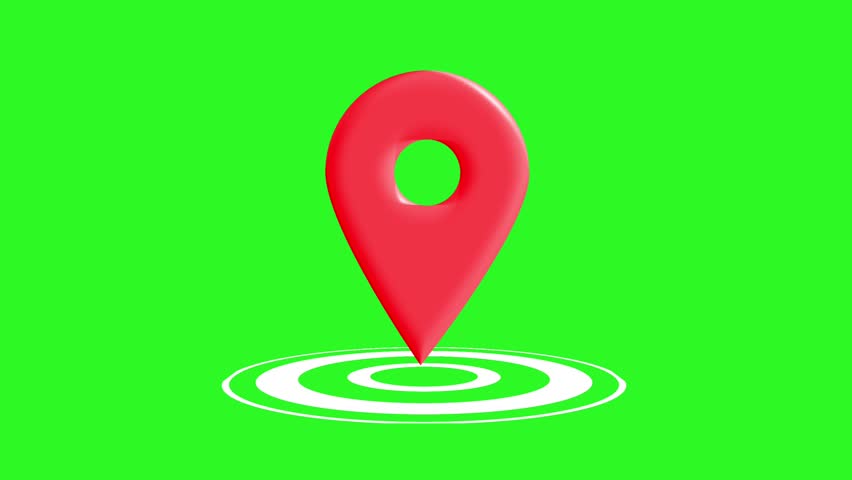 3D red location pin drops and bounces with ripple on green screen. Animation shows GPS or destination marker for chroma key visuals
