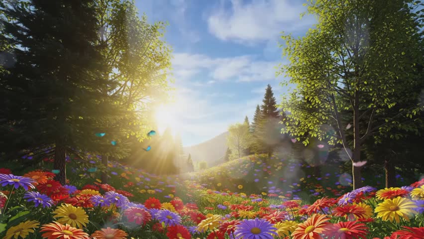 beautiful flower field with butterflies for background