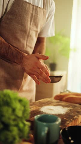 Close-up of hands sifting flour in the kitchen. White powder flies in the air, creating a dynamic cooking moment. Home baking, culinary details, texture, preparation, cooking process