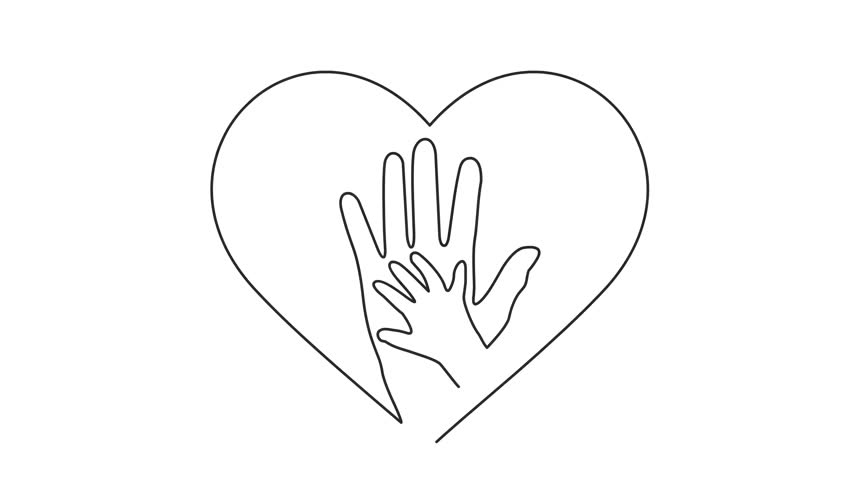 Animated self drawing of continuous line hand holding baby hand inside heart. Universal Children's Day Full length one line animation. 4K	