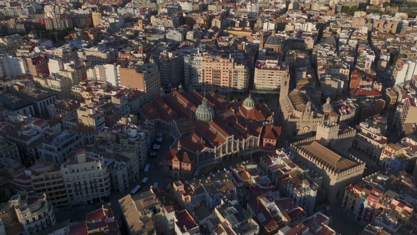 Valencia Old Town, Aerial drone Shot in the morning dawn of Central Market, Mercat Central de Valencia, Spain.