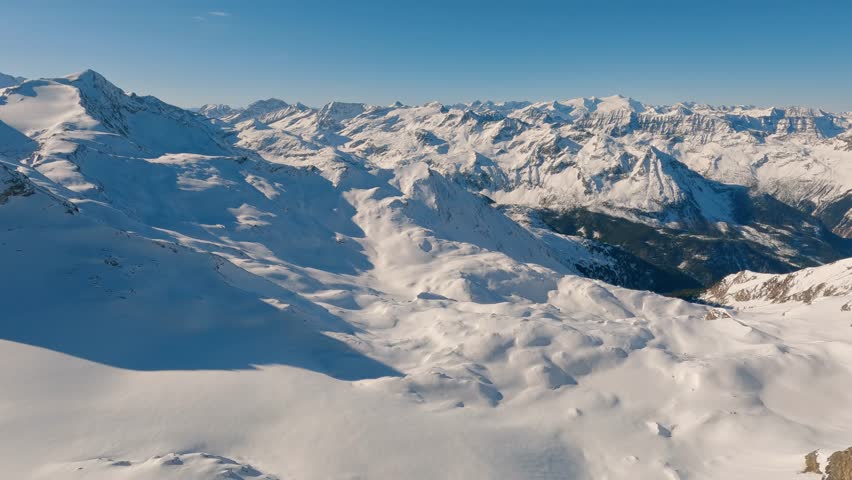 Winter Panorama of Austrian Alps in Sunny Day, Snowy Peaks, Adventure and Ski Landscape