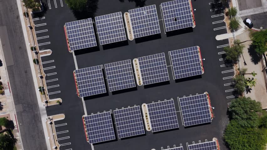 Rotating Drone Shot of Solar Panel Covered Parking