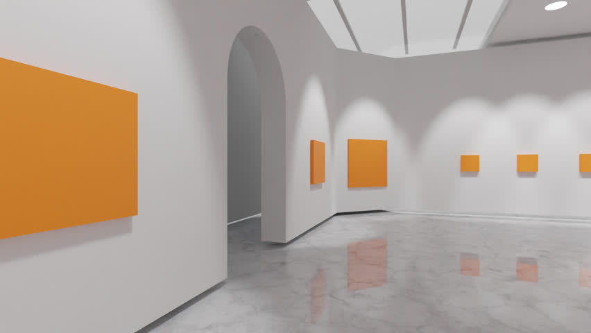 Minimalist White Gallery Interior with Empty Orange Canvases on Walls, Seamless 3D Animation for Abstract Art Exhibitions, Branding Presentations, and Modern Architectural Visuals