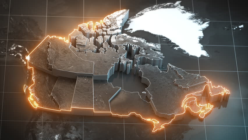 Map of Canada with country regions outlines. 3d animation. 3D Illustration