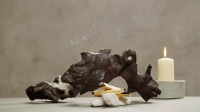 Person holding Palo Santo wood stick in hand, aromatic Palo Santo burning on black background, smoke spreading around, slow motion video clip, high quality 4k close up footage - Powered by Shutterstock - Get 15% off with code: PIKWIZARD15