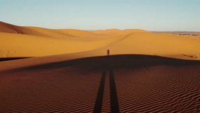 Vast expanse of the Sahara Desert with beautiful, rolling sand dunes at sunrise. A lone figure's shadow stretches across the dunes, beauty of this Moroccan landscape. - Powered by Shutterstock - Get 15% off with code: PIKWIZARD15