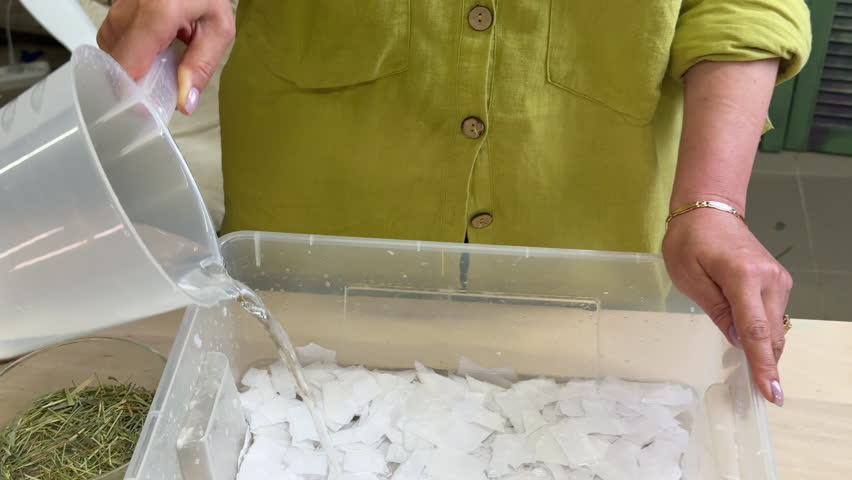 Close-up of female hands mixing wet paper pulp in a water container. DIY handmade paper process using recycled materials. Eco-friendly, creative and sustainable craft