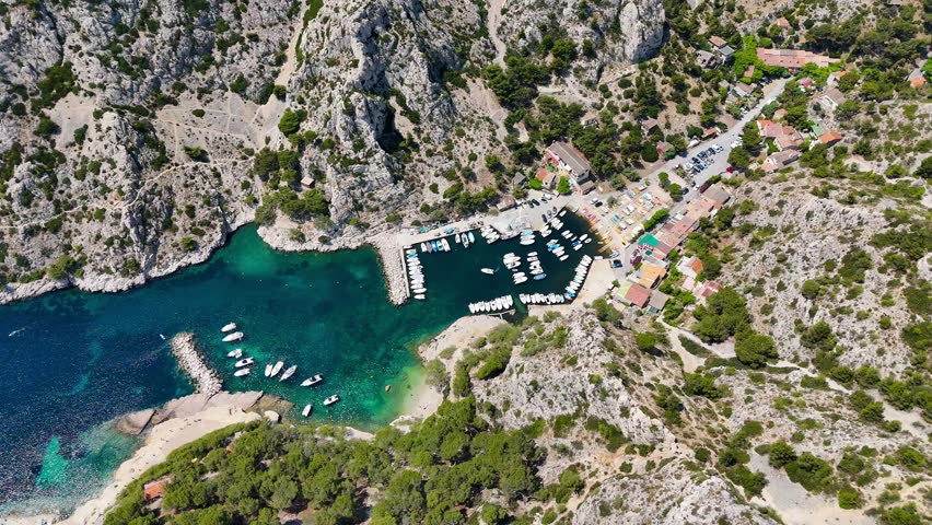 Aerial view over the port of the calanques of Morgiou in Marseille