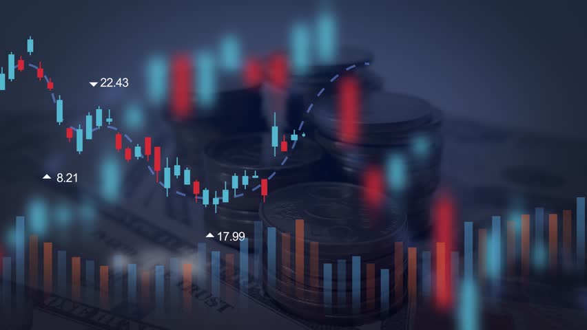 Depicts a financial stock market graph overlaying stacked coins and currency. Represents investment growth, market trends, and economic data. - Powered by Shutterstock - Get 15% off with code: PIKWIZARD15