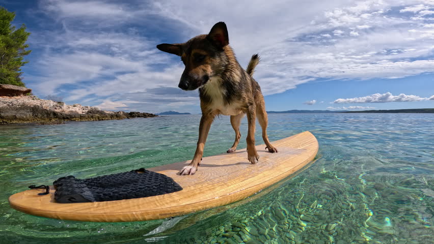 PORTRAIT, CLOSE UP: Dog jumps off a surfboard into crystal clear sea and swims away, while board flies into the air and flips over. Fun water activities with pet on summer holidays by the Adriatic Sea