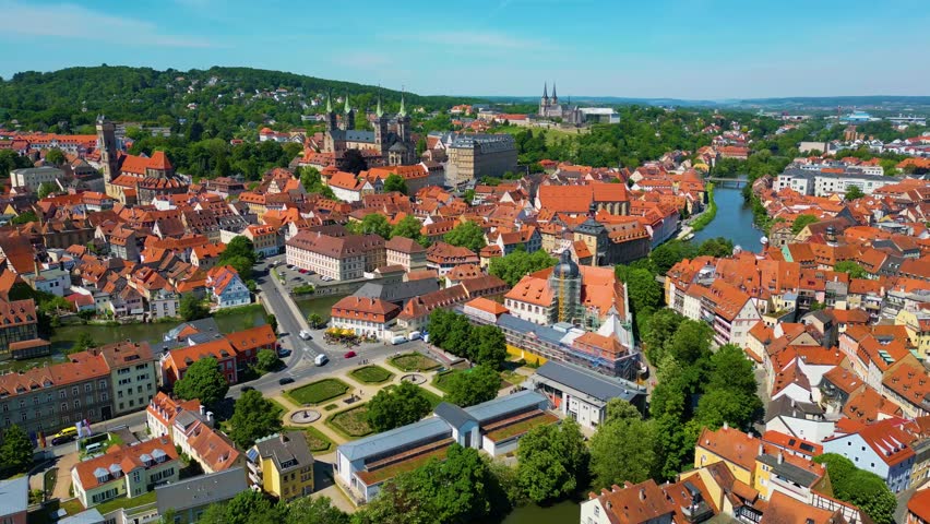 4K Aerial Drone Video of the Beautiful Homes and Churches in the Little Venice Area of Bamberg, Germany