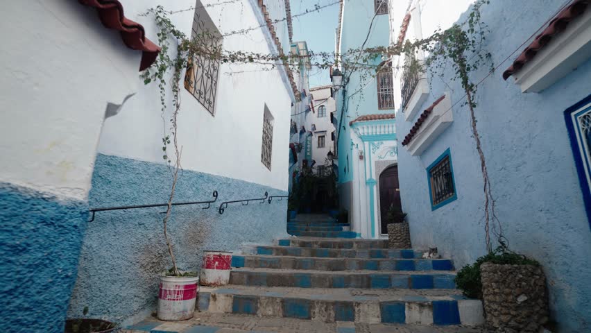 Staircase In The Old City Of Chefchaouen In Morocco. - POV shot