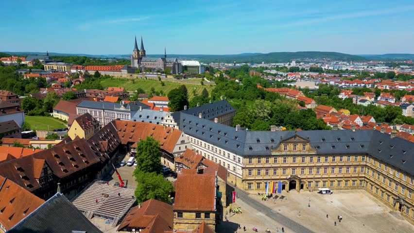4K Aerial Drone Video of the Historic Neue Residenz Palace and Bamberg Cathedral in the Old Town area of Downtown Bamberg, Germany