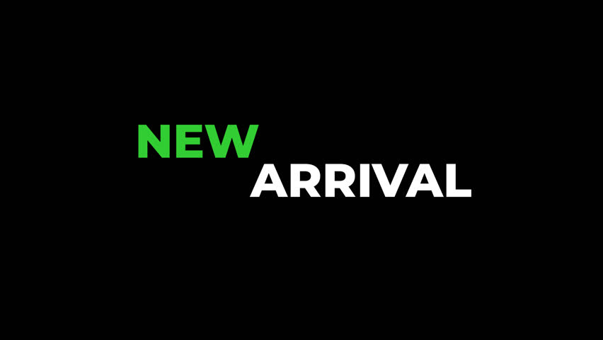 Clean and modern animated text “NEW ARRIVAL” with bold typography and smooth bounce effect. Perfect for product launches, promos, or digital content. Transparent background.