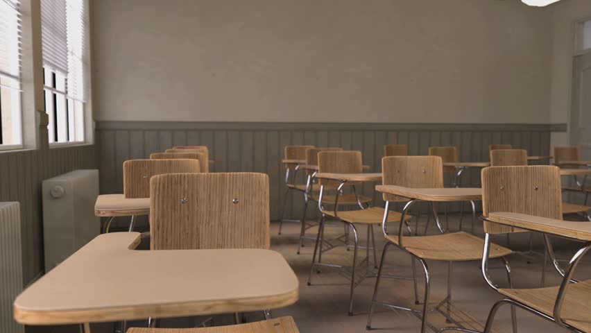 An empty, retro-style classroom with wooden desks and chairs arranged in rows. This vintage educational setting suggests learning, nostalgia, and school memories.