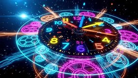 Futuristic Colorful Clock Illustration Featuring Glowing Neon Numbers and Gears with Electric Effects Representing Concept of Time Speed Technology and Modern Design - Powered by Shutterstock - Get 15% off with code: PIKWIZARD15