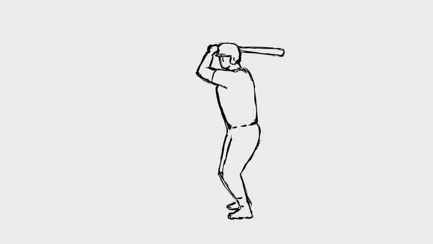 2d Animation cartoon character drawing of a baseball player batting hitting a homer or home run viewed from front on white, black and green screen in 4k ultra-high-definition.