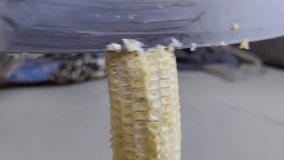 The slow-motion scene shows a hand cutting corn kernels from the cob into a metal bowl with a knife. - Powered by Shutterstock - Get 15% off with code: PIKWIZARD15