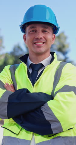 Arms crossed, face and laughing with construction worker man outdoor for development or engineering. Architecture, labor and maintenance with funny developer on building site for project management
