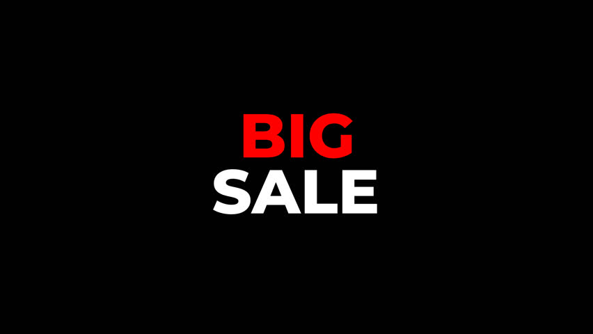 Animated “BIG SALE” text with bold typography. Red and white color combination, bounce and fade-in effect, transparent background. Perfect for global promotions and advertisements.