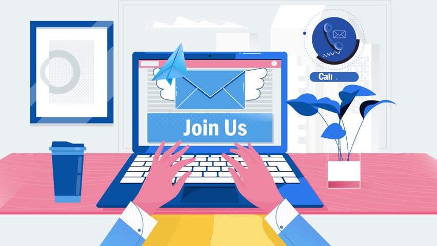 Creative visual representing a call to action such as “Join Us” or “Contact Us,” used in business marketing, customer service, recruitment, or social media promotion. 2d animation, cartoon, motion    
