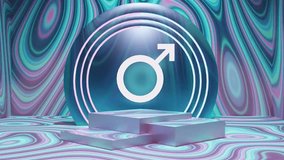 A 3D podium with the male gender symbol is set against a vibrant, psychedelic background, creating a futuristic stage for men's products or concepts - Powered by Shutterstock - Get 15% off with code: PIKWIZARD15