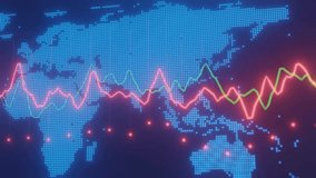 A digital world map provides the backdrop for fluctuating line graphs, visualizing global stock market trends, economic data analysis, and financial technology concepts. - Powered by Shutterstock - Get 15% off with code: PIKWIZARD15