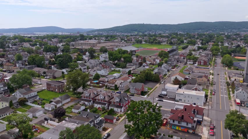 American neighborhood in Bethlehem, Pennsylvania, USA. Aerial forward