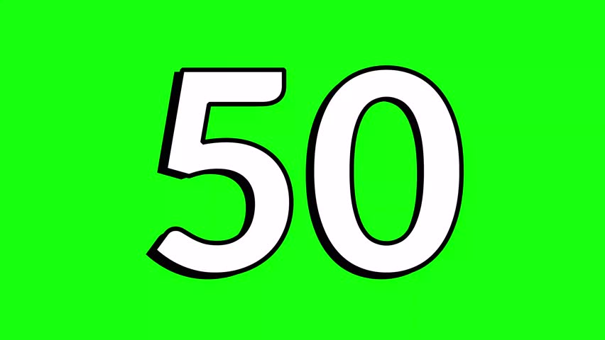 50 second countdown timer with bold white number on green screen background, perfect for editing, motion graphics, digital presentations, time based projects