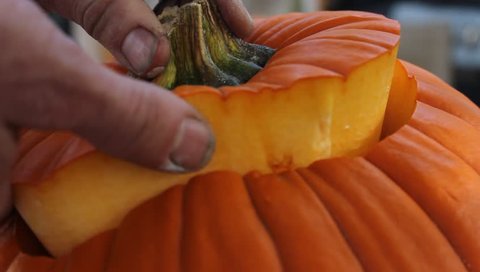 Finished cutting the hole in the top of the pumpkin  – Stockvideo