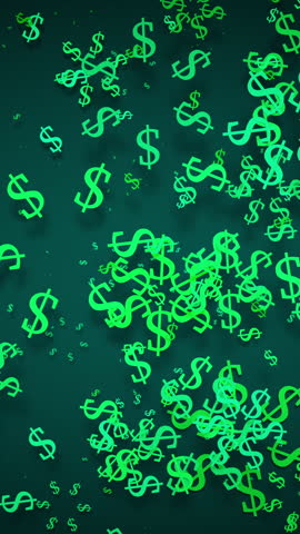This video shows 3D animated dollar sign shapes moving in a continuous circular motion, symbolizing the flow of money, set against a dark background, creating a dynamic financial atmosphere. Looped.