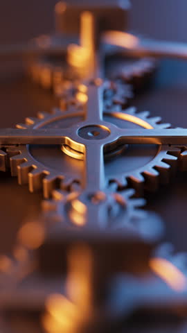 Looping animation of a mechanical structure made of metal gears. Cyclic movement. Close-up. Vertical composition. Defocus.