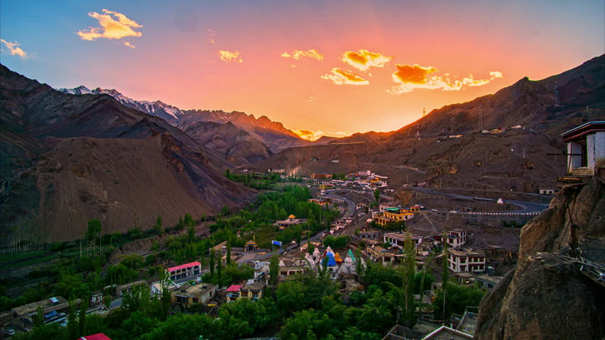 Time lapse stunning sunset over the Lamayuru Monastery. Yuru Monastery is a Tibetan Buddhist monastery in Lamayouro, Leh district, Ladakh, India. It is situated on the Srinagar-Leh highway