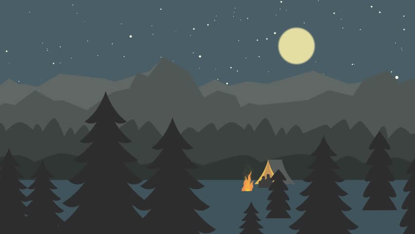 Romantic Night Camping Scene with Tent, Moonlight, and Campfire in the Mountains. Couple Sitting by Campfire at Night with Tent in Mountain Forest