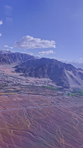 View from the plane window at Ladakh airport. The landscape of Ladakh, nestled in the Himalayas, is lush with rivers flowing from glaciers that feed the parched city. Ladakh city near the airport
