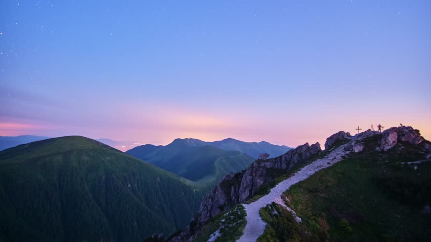 Mountain Peak Sunset to Night Timelapse with Silhouetted Ridges and Milky Way