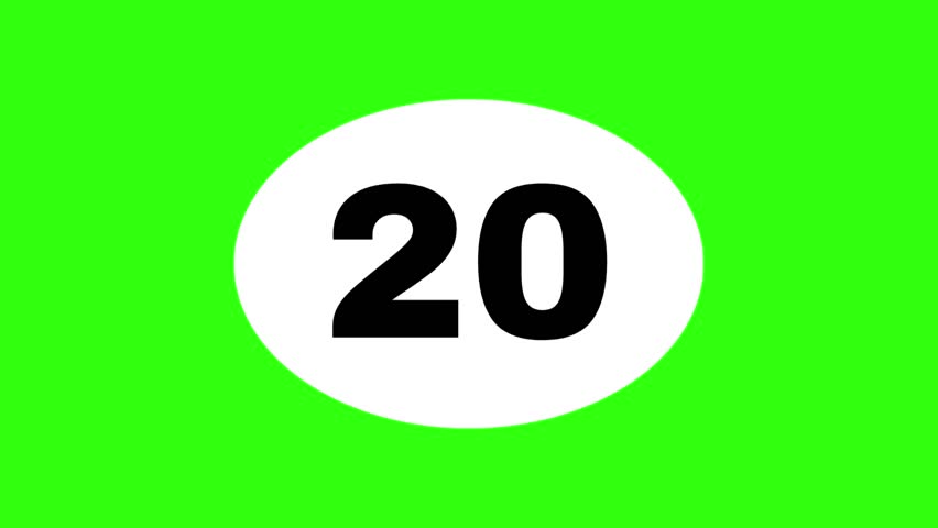 Countdown 20 t0 1 animation, timer icon, count the number, counts digits, modern countdown time, Green screen background