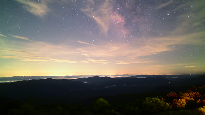 Stars and clouds on sky at night and rise of Milky Way, time lapse, North Carolina, US.