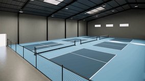 zoom in empty blue pickleball courts inside a warehouse building. Located in the sports complex facility area. With lights on during the day  - Powered by Shutterstock - Get 15% off with code: PIKWIZARD15