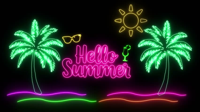  Vibrant Neon Hello Summer Sign With Palm Trees, Sun, And Tropical Elements On A Dark Background, Hellow Neon Summer Animation On Balck Background. Glowing Summer Nights, Palm Tree Neon Light , Beach