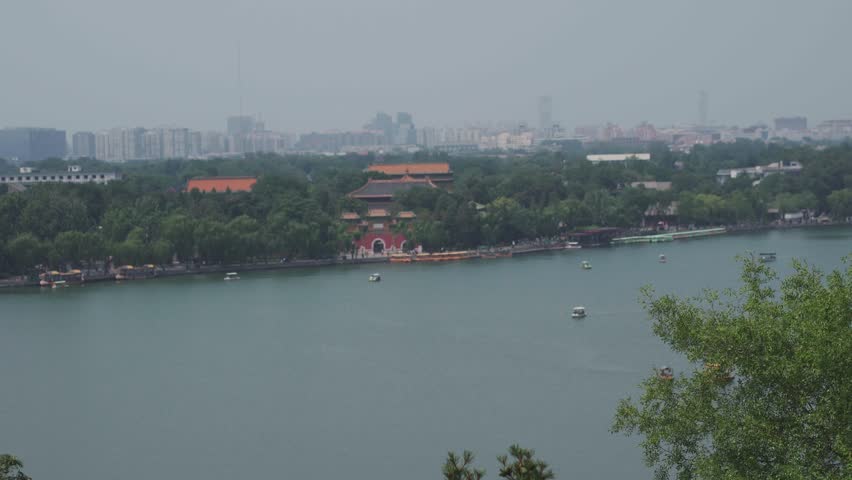 Beijing, China - june 2 2025 China traditional tourist boats on Beijing canals of Qianhai lake at ShiChaHai district 