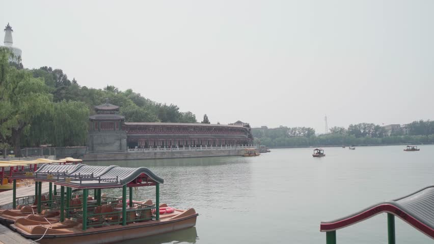 Beijing, China - june 2 2025 China traditional tourist boats on Beijing canals of Qianhai lake at ShiChaHai district 