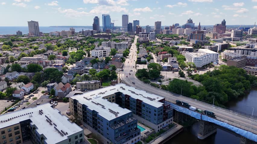 Aerial view of the Milwaukee WI skyline featuring Van Buren Street starting from North Commerce Street