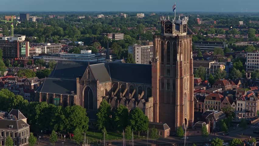 Panorama drone view of the Grote Kerk of Dordrecht aka the Church of Our Lady, Dordrecht, Zuid-Holland, Netherlands.