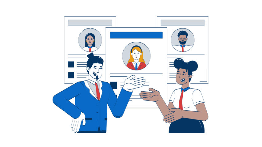 HR managers discussing resumes doodle animation. Corporate careers. Hiring conversation with CVs candidate profiles animated 2D flat cartoon concept, white background. 4K video motion graphic