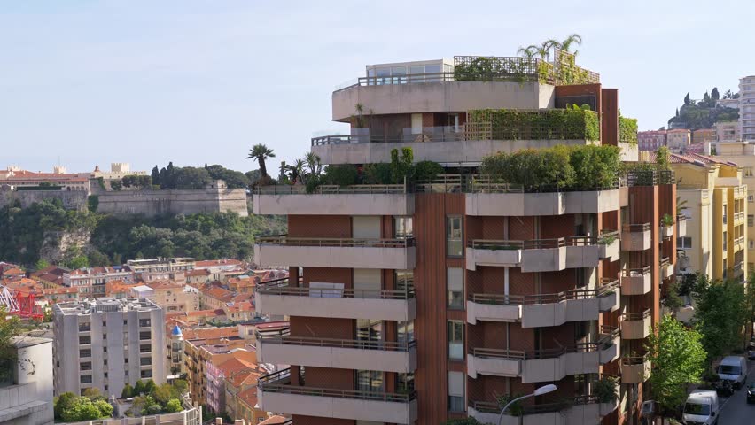 Monaco 7 May 2019 Modern Residential Building in Monaco with Green Terraces and City View in 4k